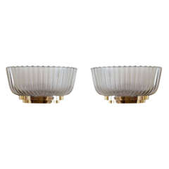 Pair of Murano Fluted Glass and Brass Sconces by Venini
